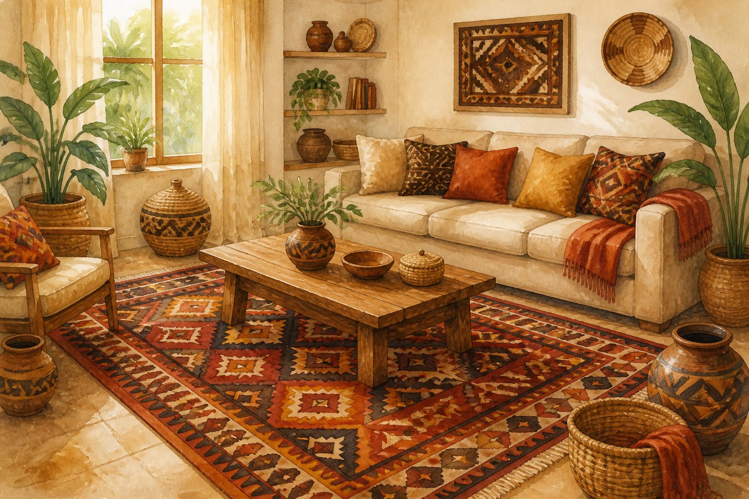 Un salon chaleureux avec un tapis africain coloré au centre, un canapé avec des coussins, une table basse en bois et des plantes d'intérieur.